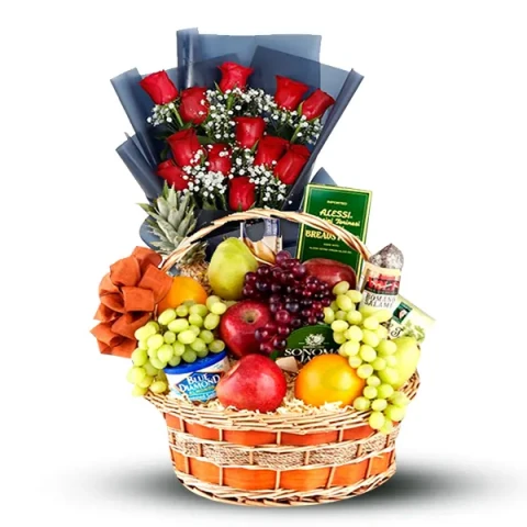 Fruits & Gourmet Basket W/ 1 dozen Roses in Bouquet