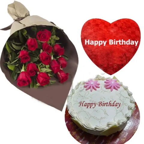 (004) Red Roses W/ Cake & Birthday Heart shaped pillow