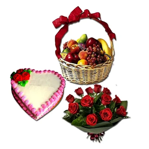 Fruit Basket W/ Cake & Roses