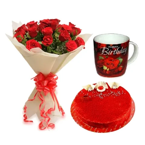 Red Roses W/ Red Velvet Cake & Birthday Mug