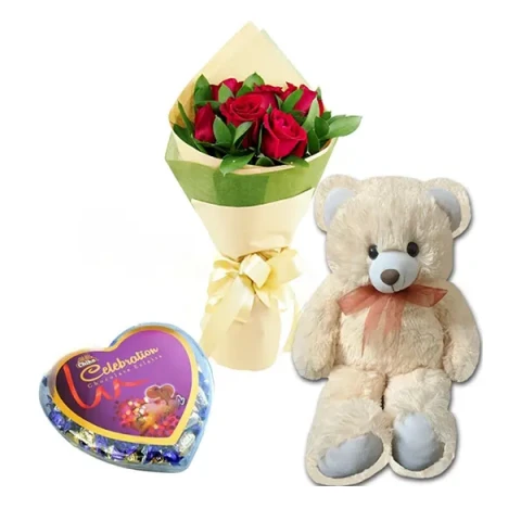 Red roses W/ chocolate and Bear