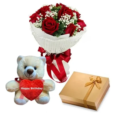 1 Dozen Red Roses W/Chocolate and Bear