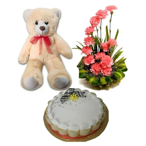 Premium Vanilla Cake W/ Carnation Basket & bear