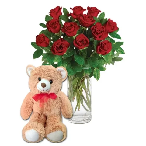 dozen roses in vase W/ Teddy Bear