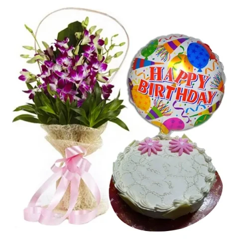 Cake W/ Orchids & Birthday balloon