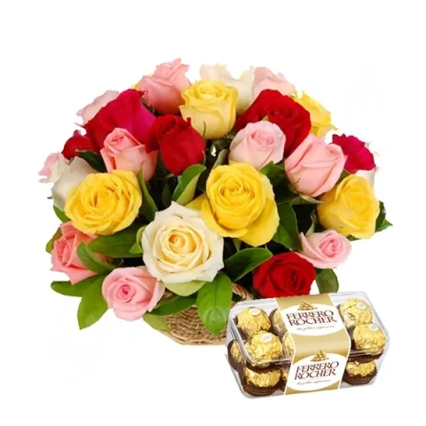 Multicolor Rose Basket W/ Ferrero Rocher Chocolate