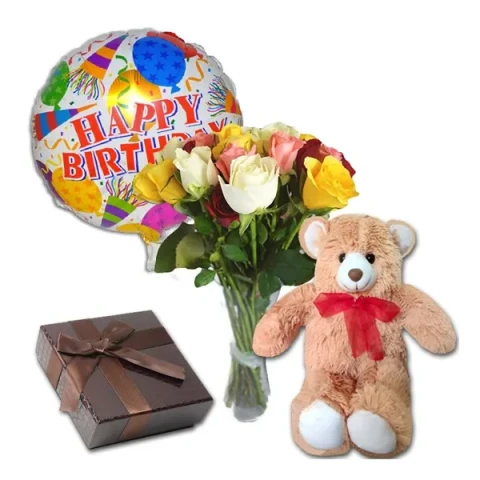 1 dz mix roses in vase with teddy bear & chocolate