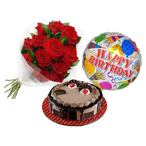 Red Roses W/ Cake & Birthday balloon