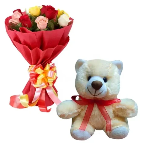 12 Pcs Multicolor Roses w/ Bear