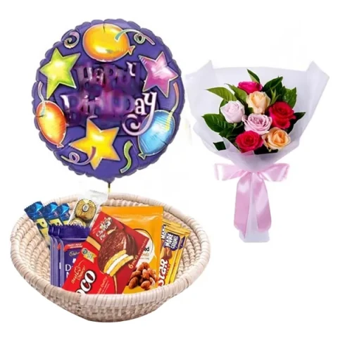 Chocolates basket W/ Mixed Roses & Birthday Balloon