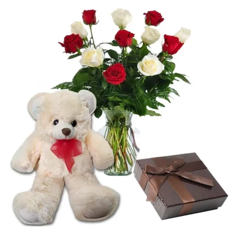 1 dz mix Roses in vase W/Chocolate and Bear