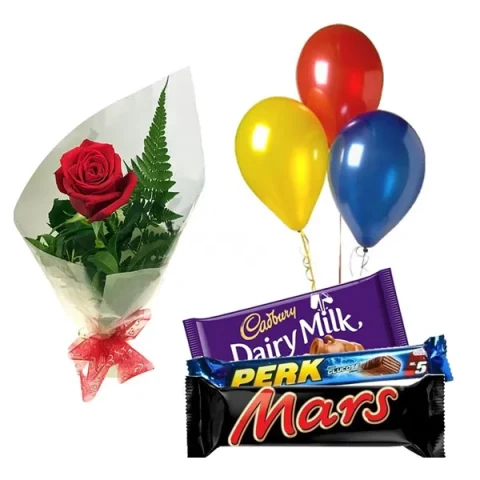 Chocolates W/ red roses and balloons