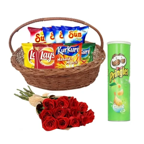 Chips Basket W/ 1 dozen red roses in bouquet