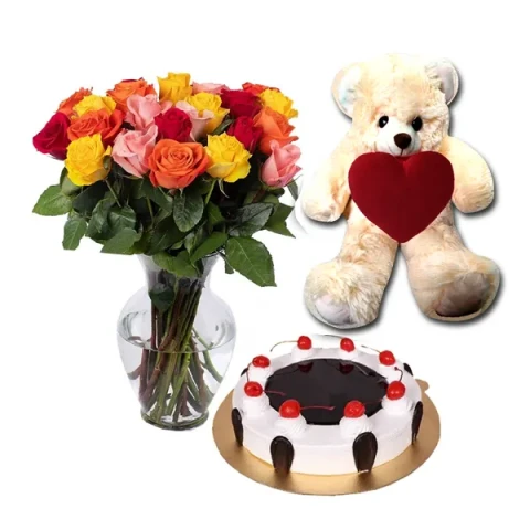 Swiss - Black Forest Cake W/Bear & 24 mix roses in vase