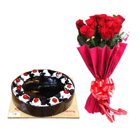 Cooper's- 2.2 pound black forest cake W/ 12 pieces red roses in bouquet