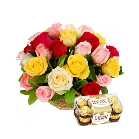 Multicolor Rose Basket W/ Ferrero Rocher Chocolate