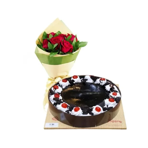 Cooper's- 2.2 pound black forest cake with 6 pieces red roses in bouquet