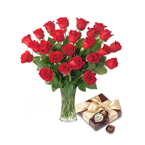 2 Dozen Red Roses in a Vase with Chocolate