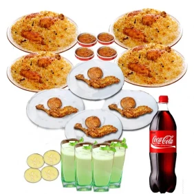 Fakruddin Chicken Biryani W/ Chicken Roast, Zali Kabab, Firney, Chatni, Borhani & Coke - 4 Person (Half Plate)