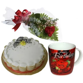 (002) Half kg Vanilla Round Cake W/ Red Roses & Birthday Mug