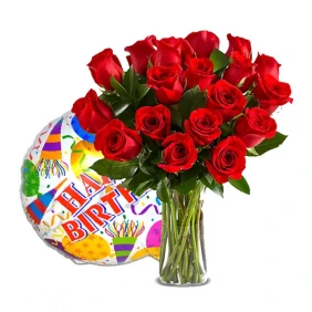 (01) 18 pcs Red Roses in vase W/Birthday Mylar Balloon