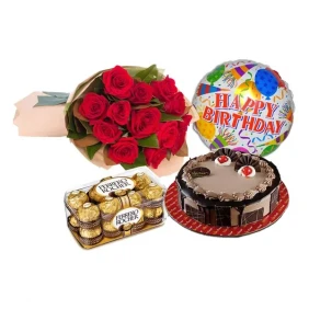 Red Roses W/ Cake & Birthday balloon & Ferrero Rocher Chocolate bday_brcomc51