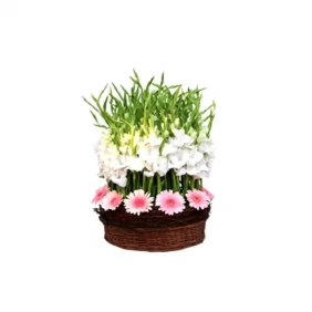Send pink & White flower in basket to Bangladesh