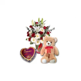 Send Mixed Flower in vase with Bear & Chocolate to Bangladesh